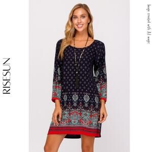 Risesun Blue & Red Bohemian Print Shift Dress, S